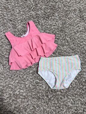 Ruffle Butts Pink Ruffle Bikini Top with Pastel Striped Bottom